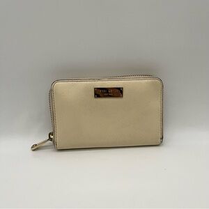 Henri Bendel  New York Cream Saffiano Leather Zip Around Small Wallet Clutch